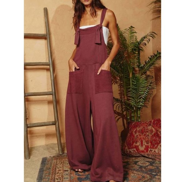 BUCKETLIST Pants - FRENCH TERRY SLOUCHY OVERALL JUMPSUIT in Wine Color